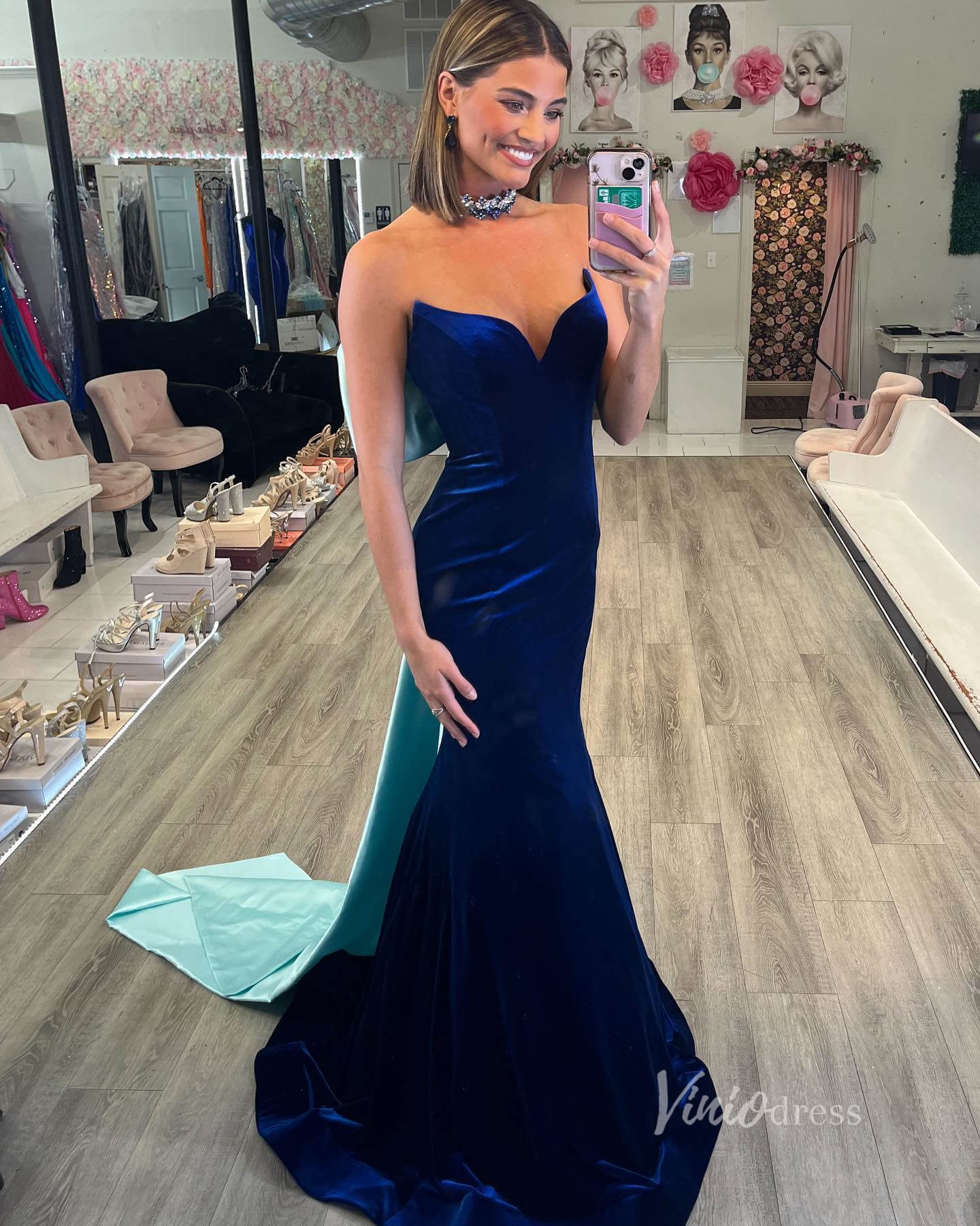 Blue Mermaid Prom Dresses Velvet Sweetheart Neck Bow Tie Evening Dress Viniodress Blue Mermaid Prom Dresses Velvet Sweetheart Neck Bow Tie Evening Dress Viniodress