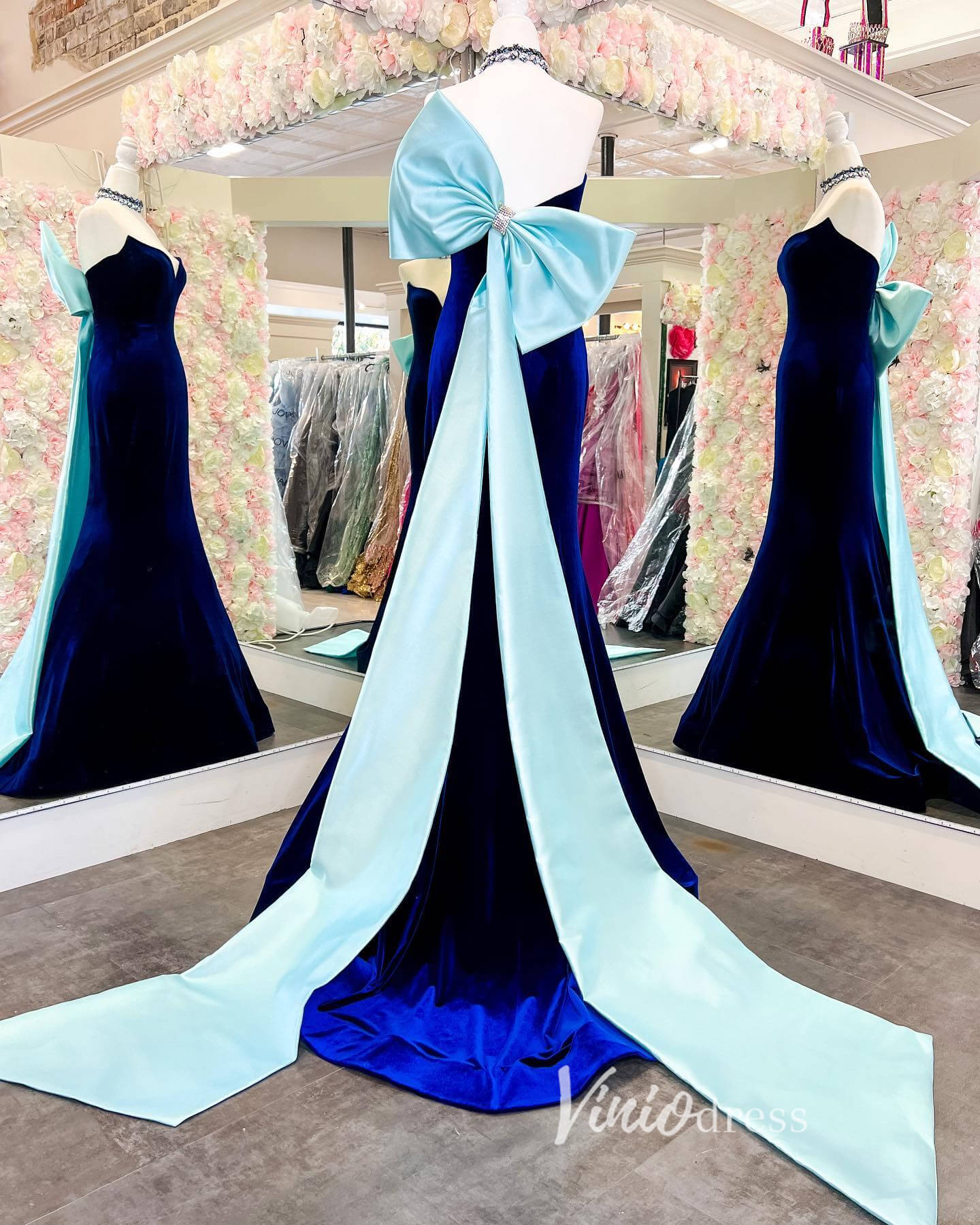 Blue Mermaid Prom Dresses Velvet Sweetheart Neck Bow Tie Evening Dress FD3340-prom dresses 2025 -Viniodress-Blue-Custom Size-