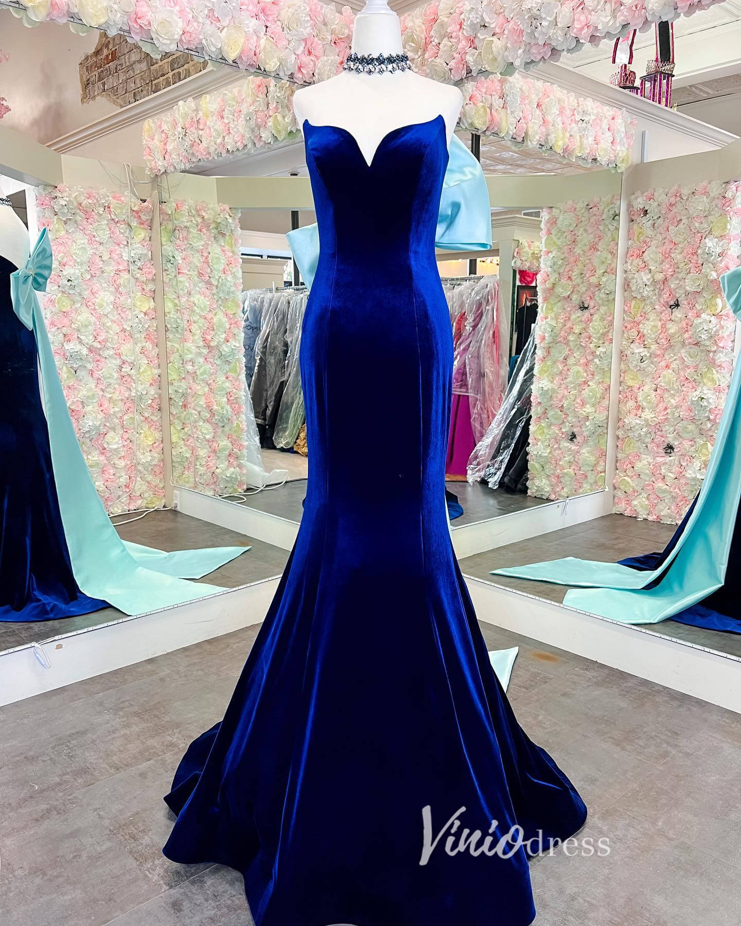 Prom Dress 2025 Blue Mermaid Prom Dresses Velvet Sweetheart Neck Bow Tie Evening Dress FD3340-unique prom dresses-Blue-Custom Size-Viniodress