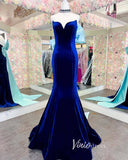 Blue Mermaid Prom Dresses Velvet Sweetheart Neck Bow Tie Evening Dress FD3340-prom dresses-Viniodress-Viniodress