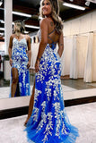 Blue Mermaid Prom Dresses with White Lace Appliques, High Slit Spaghetti Strap FD4053-prom dresses-Viniodress-Viniodress