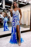 Blue Mermaid Prom Dresses with White Lace Appliques, High Slit Spaghetti Strap FD4053