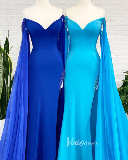 Blue Mermaid Satin Prom Dress Removable Chiffon Cape Formal Dresses FD2953-prom dresses 2025 -Viniodress-Blue-Custom Size-