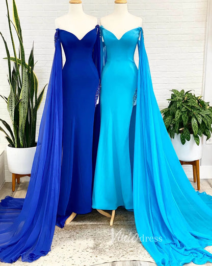 Blue Mermaid Satin Prom Dress Removable Chiffon Cape Formal Dresses FD2953-prom dresses 2025 -Viniodress-Blue-Custom Size-