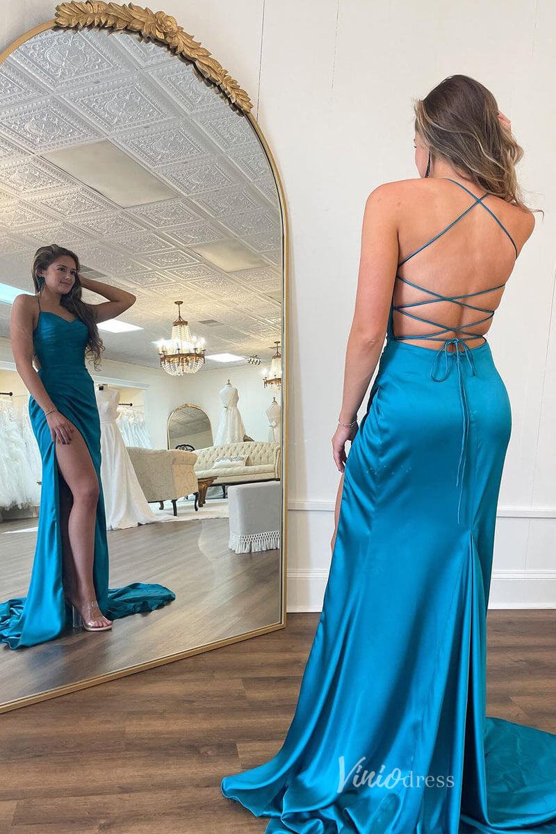 Blue Mermaid Satin Prom Dresses with Slit Evening Dress Spaghetti Strap FD4049-prom dresses 2025 -Viniodress-Blue-Custom Size-