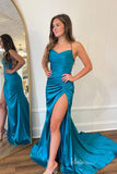 Blue Mermaid Satin Prom Dresses with Slit Pleated Bodice Spaghetti Strap FD4049