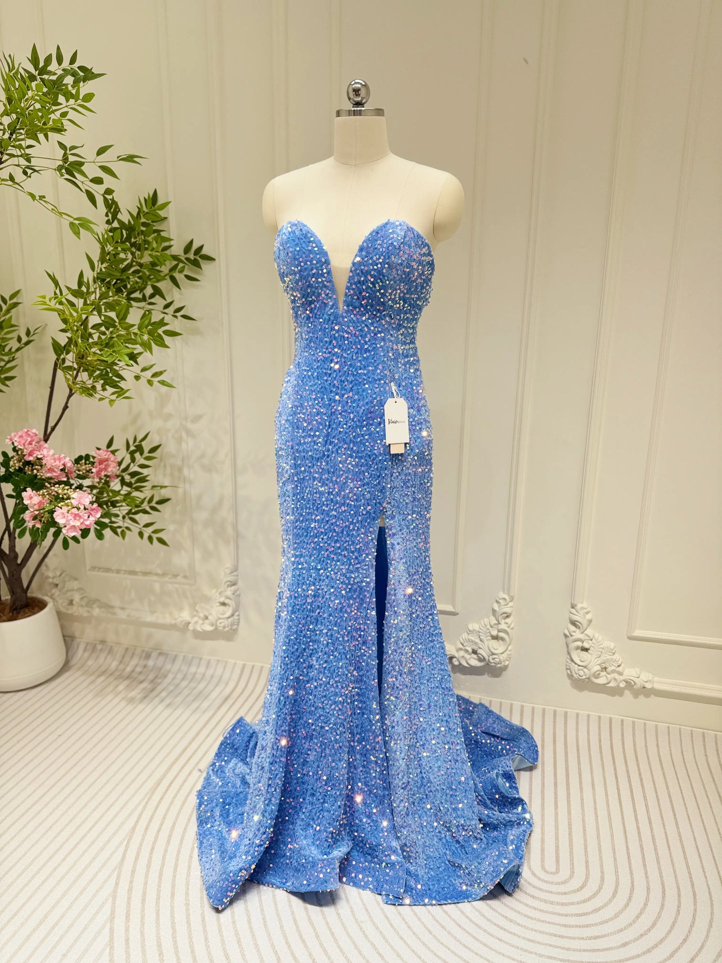 Robe de bal sirène bleue à paillettes, manches longues, fente et col en cœur FD3459 