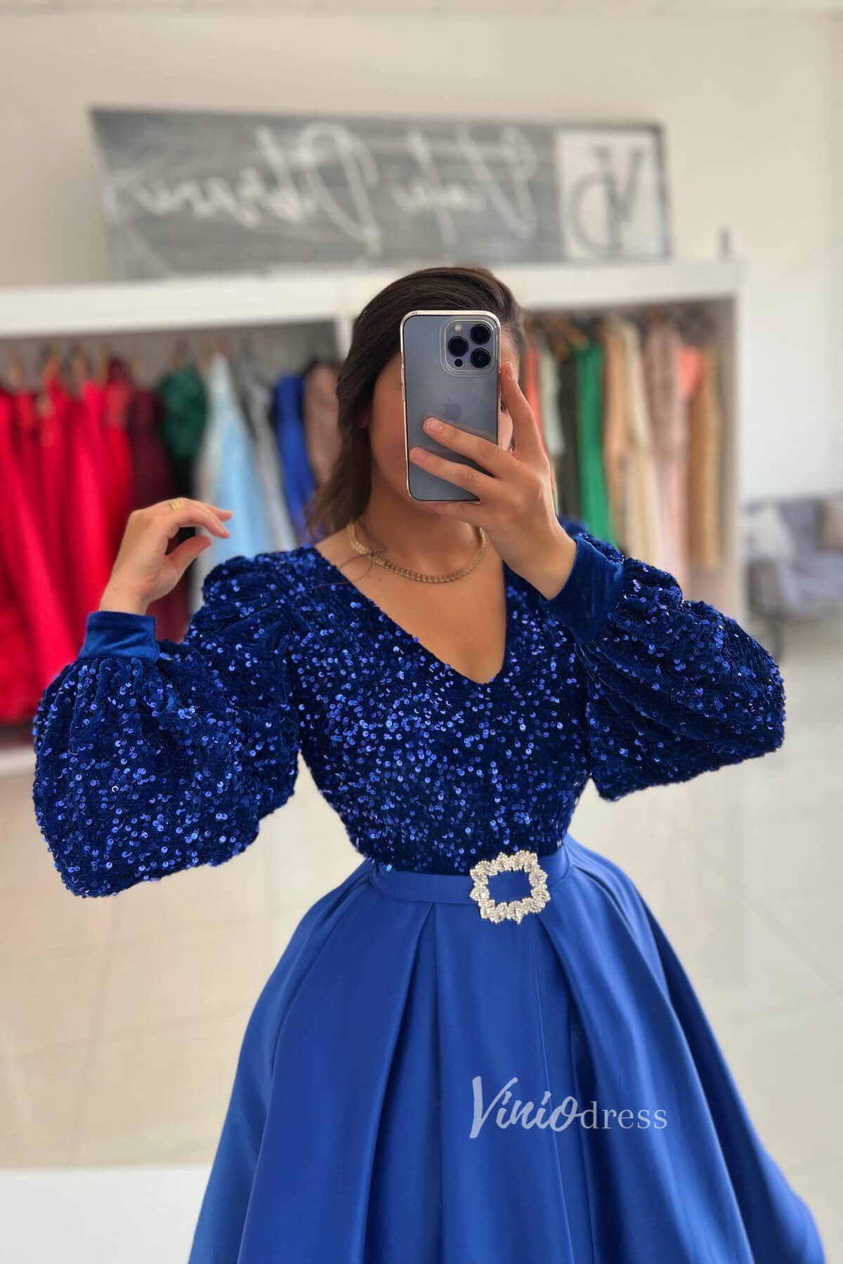 Blue Mid-Length Prom Dress Long Sleeve Sequin Formal Dresses FD2952-prom dresses 2025 -Viniodress-Royal Blue-Custom Size-