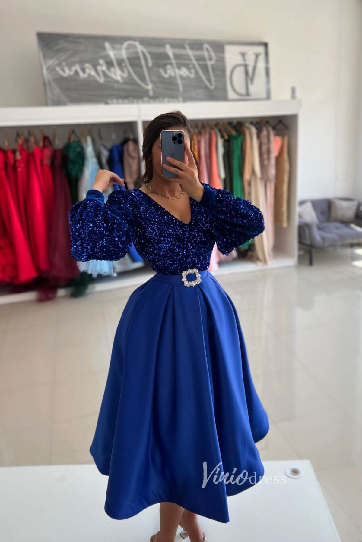 Blue Mid-Length Prom Dress Long Sleeve Sequin Formal Dresses FD2952-prom dresses 2025 -Viniodress-Royal Blue-Custom Size-