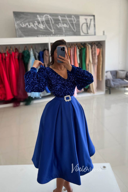 Prom Dress 2025 Blue Mid-Length Prom Dress Long Sleeve Sequin Formal Dresses FD2952-unique prom dresses-Royal Blue-Custom Size-Viniodress