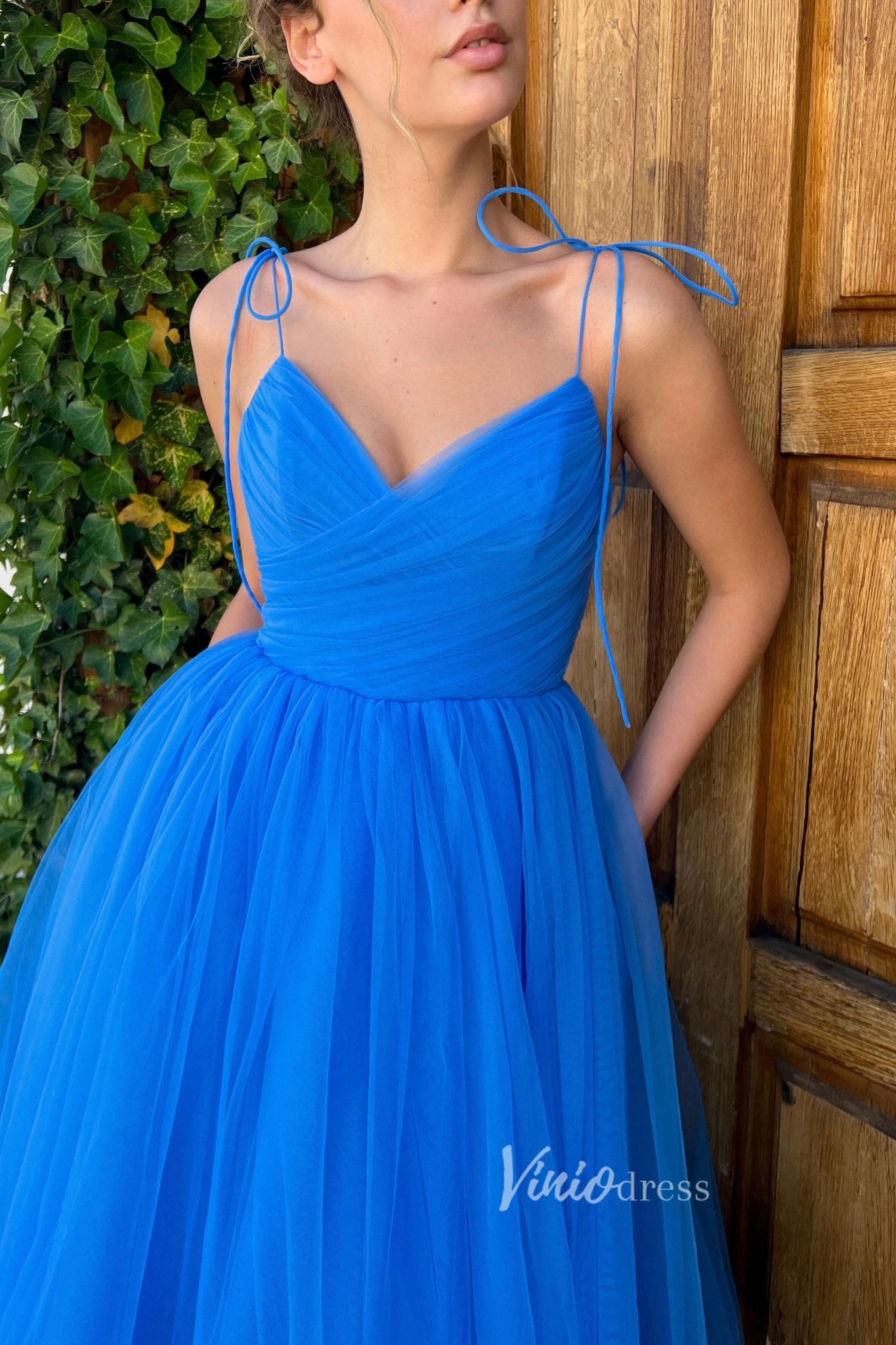 Blue Midi Length Prom Dresses Spaghetti Strap Evening Dresses FD2986-prom dresses 2025 -Viniodress-Blue-Custom Size-