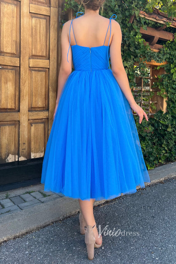 Prom Dress 2025 Blue Midi Length Prom Dresses Spaghetti Strap Evening Dresses FD2986-unique prom dresses-Blue-Custom Size-Viniodress