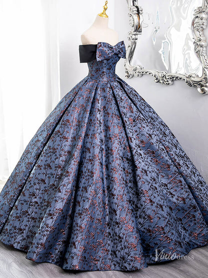 Blue Off the Shoulder Bow Tie Prom Ball Gown Jacquard Satin Quinceanera Dresses BG007-prom dresses 2025 -Viniodress-Blue-Custom Size-