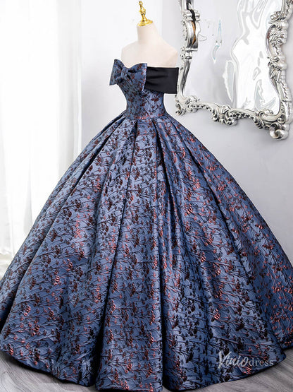 Blue Off the Shoulder Bow Tie Prom Ball Gown Jacquard Satin Quinceanera Dresses BG007-prom dresses 2025 -Viniodress-Blue-Custom Size-