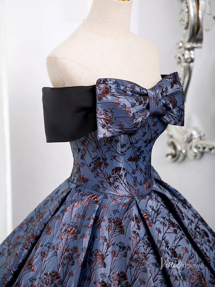 Blue Off the Shoulder Bow Tie Prom Ball Gown Jacquard Satin Quinceanera Dresses BG007-prom dresses 2025 -Viniodress-Blue-Custom Size-