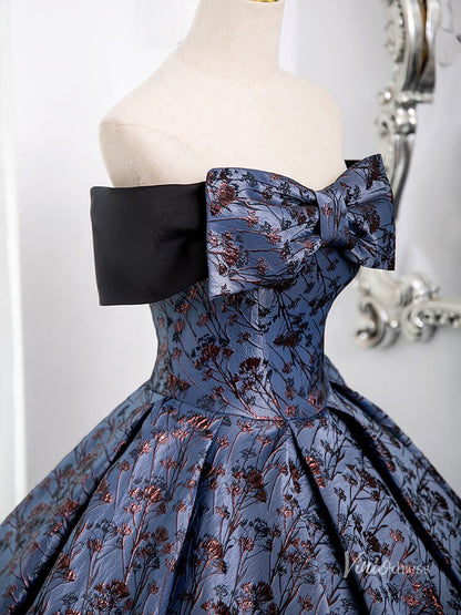 Blue Off the Shoulder Bow Tie Prom Ball Gown Jacquard Satin Quinceanera Dresses BG007-prom dresses 2025 -Viniodress-Blue-Custom Size-