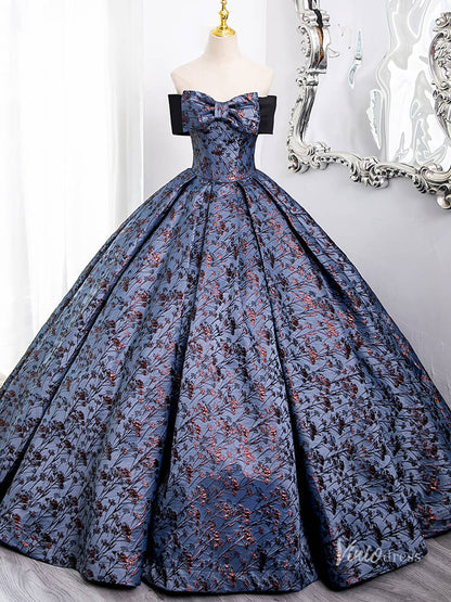 Blue Off the Shoulder Bow Tie Prom Ball Gown Jacquard Satin Quinceanera Dresses BG007-prom dresses 2025 -Viniodress-Blue-Custom Size-