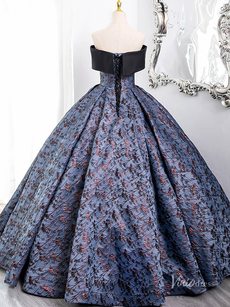 Blue Off the Shoulder Bow Tie Prom Ball Gown Jacquard Satin Quinceanera Dresses BG007 - Viniodressprom dressesBlueCustom Size - Formal Dresses - Ball Gowns