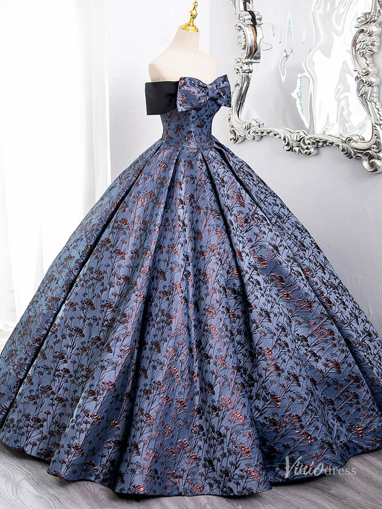 Blue Off the Shoulder Bow Tie Prom Ball Gown Jacquard Satin Quinceanera Dresses BG007 - Viniodressprom dressesBlueCustom Size - Formal Dresses - Ball Gowns