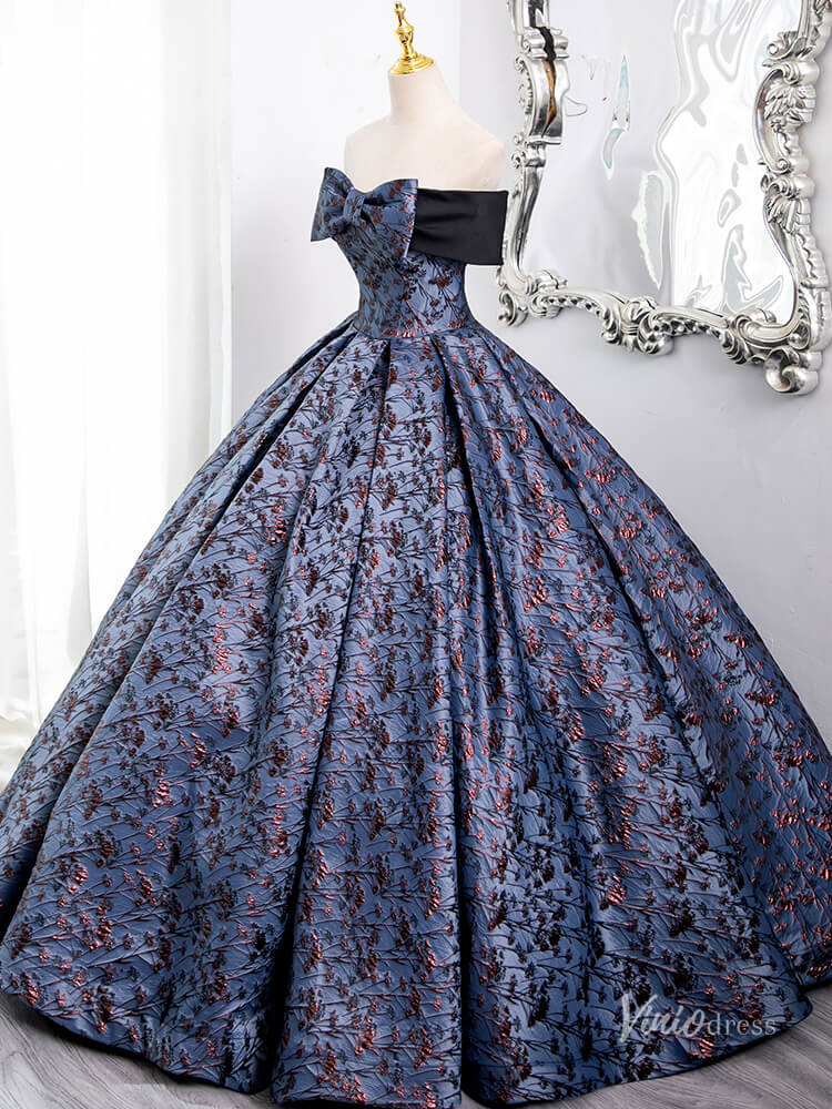 Blue Off the Shoulder Bow Tie Prom Ball Gown Jacquard Satin Quinceanera Dresses BG007 - Viniodressprom dressesBlueCustom Size - Formal Dresses - Ball Gowns