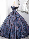 Prom Dress 2025 Blue Off the Shoulder Bow Tie Prom Ball Gown Jacquard Satin Quinceanera Dresses BG007-unique prom dresses-Blue-Custom Size-Viniodress