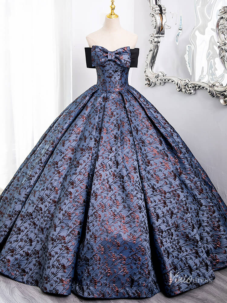 Blue Off the Shoulder Bow Tie Prom Ball Gown Jacquard Satin Quinceanera Dresses BG007 - Viniodressprom dressesBlueCustom Size - Formal Dresses - Ball Gowns