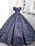 Prom Dress 2025 Blue Off the Shoulder Bow Tie Prom Ball Gown Jacquard Satin Quinceanera Dresses BG007-unique prom dresses-Blue-Custom Size-Viniodress