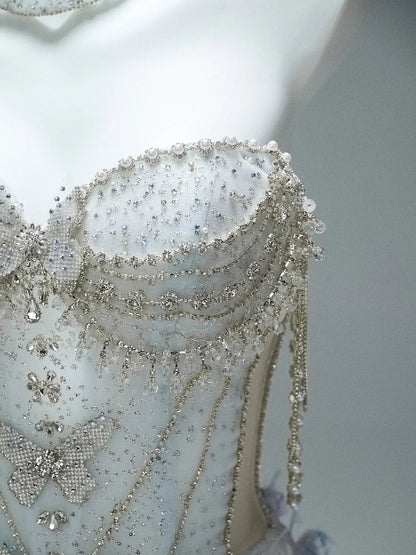 Blue Off the Shoulder Formal Gown with Beaded Bodice, Ruffled Bottom & Sweetheart Neckline - CQ0107-Couture Gown 2025 -Viniodress-Blue-Custom Size-