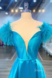 Blue Off the Shoulder Satin Cheap Prom Dresses Feather Plunging V-Neck FD3983-prom dresses-Viniodress-Viniodress