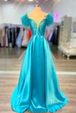 Blue Off the Shoulder Satin Cheap Prom Dresses Feather Plunging V-Neck FD3983