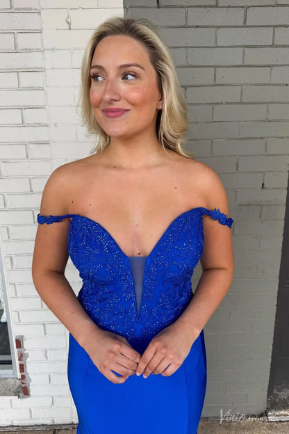 Blue Off-the-Shoulder Satin Mermaid Prom Dress with Beaded Lace Bodice & Deep V Illusion – SS286-prom dresses 2026-Viniodress-Blue-Custom Size-