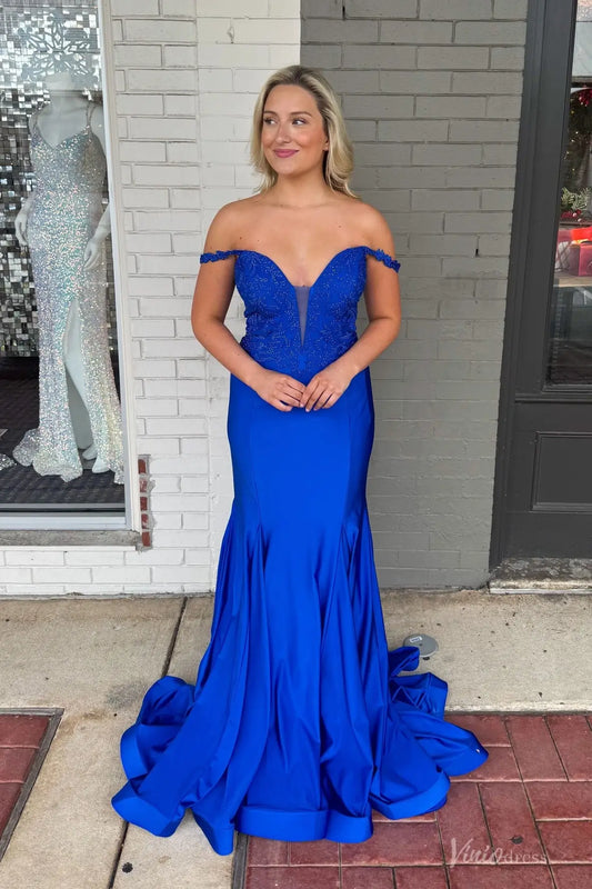 Blue Off-the-Shoulder Satin Mermaid Prom Dress with Beaded Lace Bodice & Deep V Illusion – SS286-prom dresses 2026-Viniodress-Blue-Custom Size-