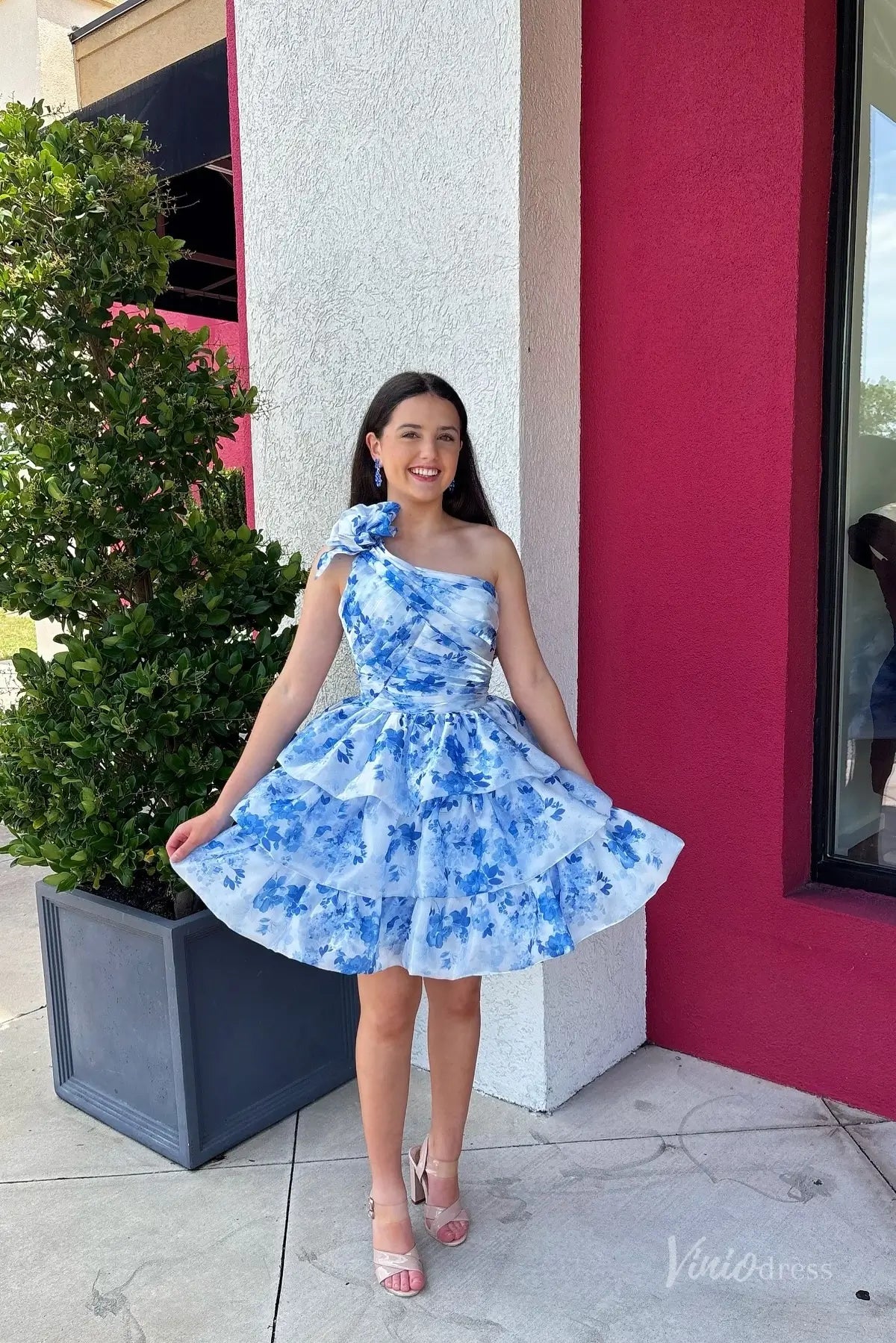Blue One-Shoulder Floral Homecoming Dress with 3D Flower Appliqué, Ruched Bodice & Tiered Ruffle Skirt – H1199-prom dresses 2025 -Viniodress-Blue-Custom Size-