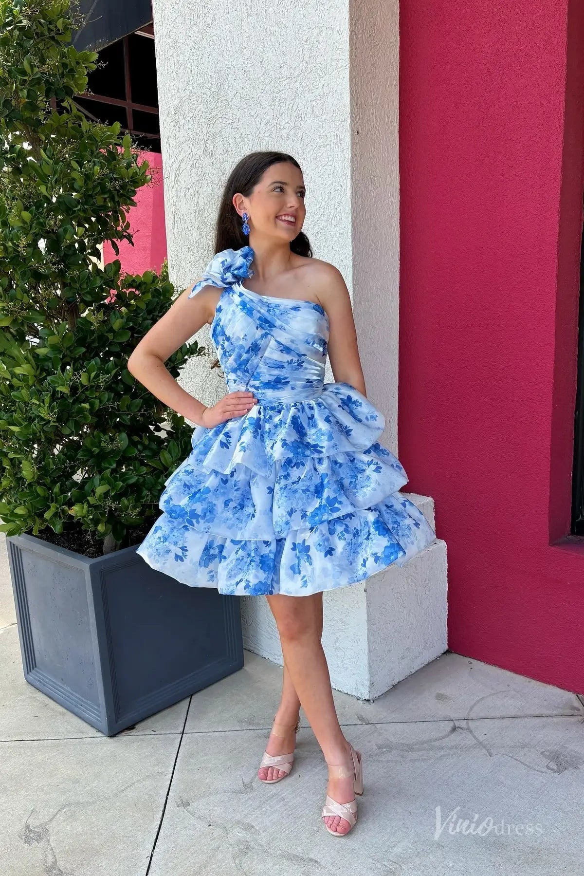 Blue One-Shoulder Floral Homecoming Dress with 3D Flower Appliqué, Ruched Bodice & Tiered Ruffle Skirt – H1199-prom dresses 2025 -Viniodress-Blue-Custom Size-
