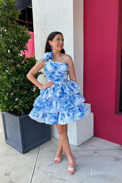 Blue One-Shoulder Floral Homecoming Dress with 3D Flower Appliqué, Ruched Bodice & Tiered Ruffle Skirt – H1199-prom dresses 2025 -Viniodress-Blue-Custom Size-