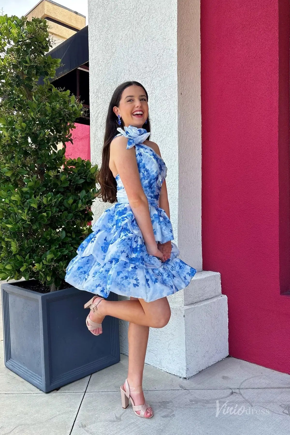 Blue One-Shoulder Floral Homecoming Dress with 3D Flower Appliqué, Ruched Bodice & Tiered Ruffle Skirt – H1199-prom dresses 2025 -Viniodress-Blue-Custom Size-
