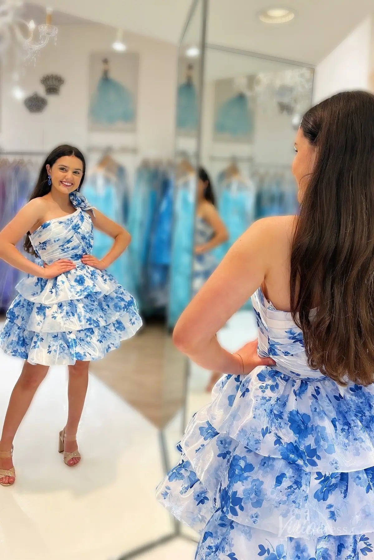 Blue One-Shoulder Floral Homecoming Dress with 3D Flower Appliqué, Ruched Bodice & Tiered Ruffle Skirt – H1199-prom dresses 2025 -Viniodress-Blue-Custom Size-