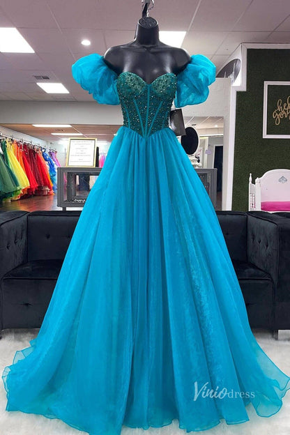 Blue Organza Prom Dresses Beaded Boned Bodice Removable Puffed Sleeve FD3991-prom dresses 2025 -Viniodress-Blue-Custom Size-
