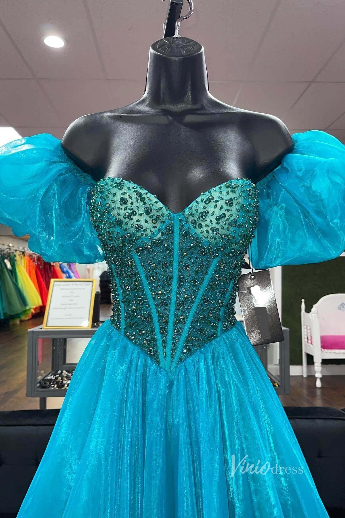 Blue Organza Prom Dresses Beaded Boned Bodice Removable Puffed Sleeve FD3991-prom dresses-Viniodress-Viniodress