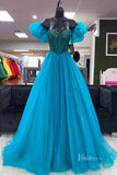Blue Organza Prom Dresses Beaded Boned Bodice Removable Puffed Sleeve FD3991