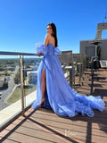 Blue Organza Prom Dresses with Slit Crossed Pleated Bodice Removable Puffed Sleeve FD4021-prom dresses-Viniodress-Viniodress