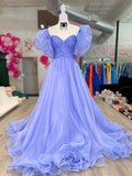 Blue Organza Prom Dresses with Slit Crossed Pleated Bodice Removable Puffed Sleeve FD4021-prom dresses-Viniodress-Viniodress