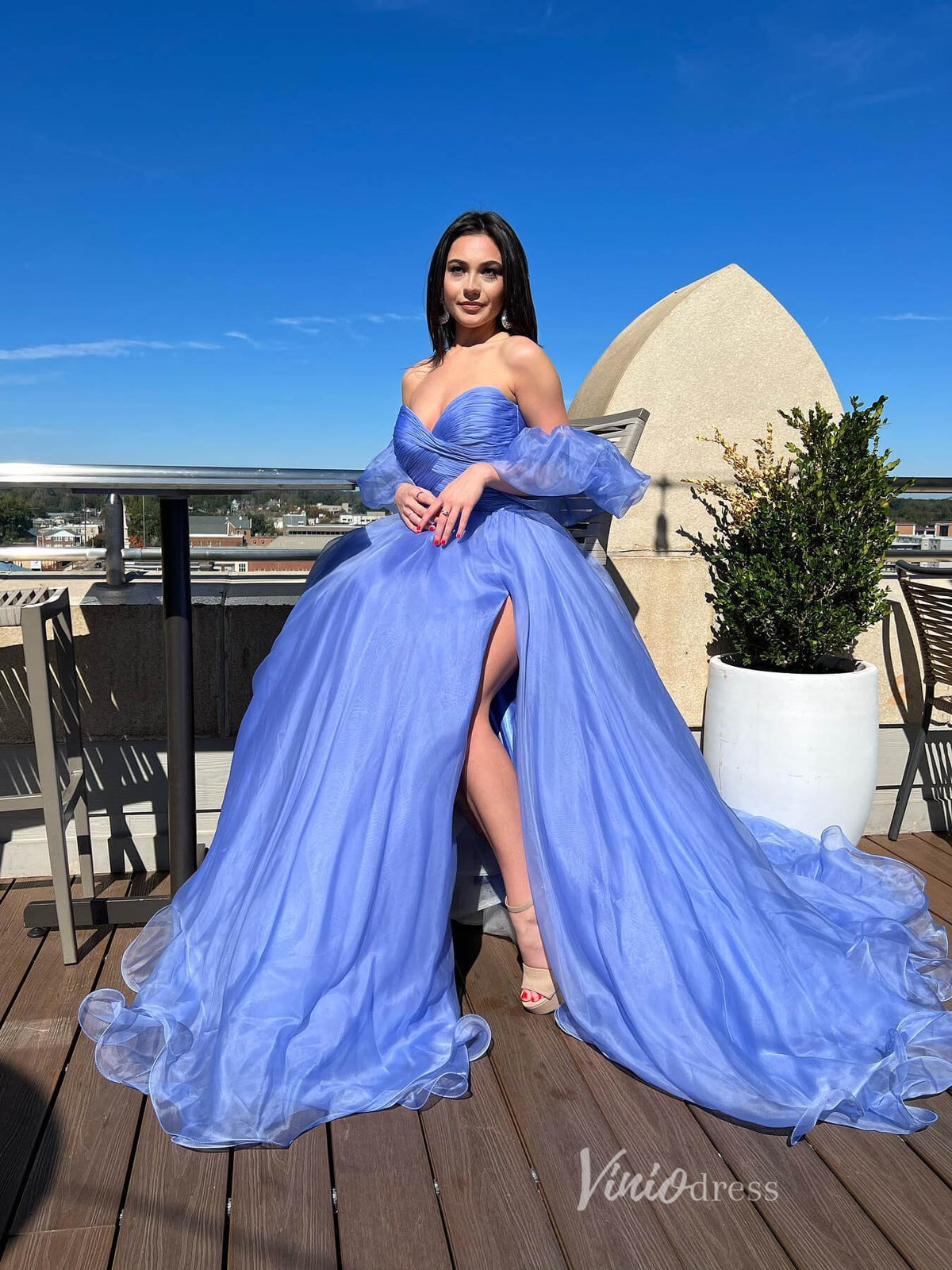 Blue Organza Prom Dresses with Slit Crossed Pleated Bodice Removable Puffed Sleeve FD4021-prom dresses-Viniodress-Blue-Custom Size-Viniodress