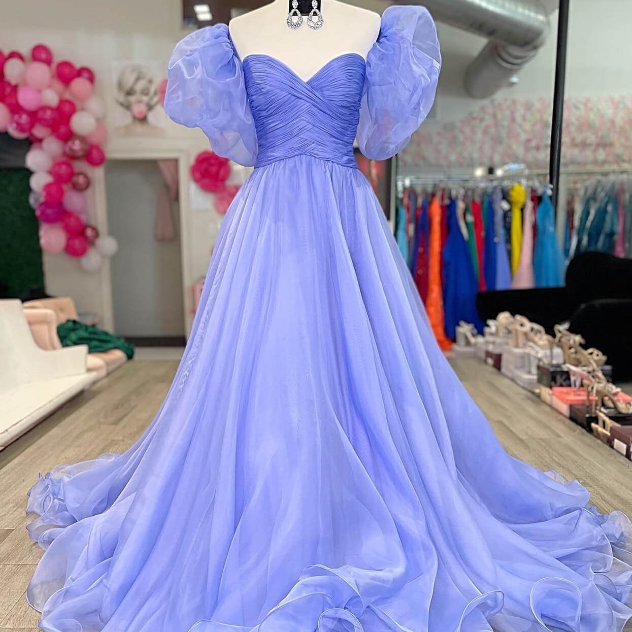 Blue Organza Prom Dresses with Slit Graduation Dress Removable Puffed Sleeve FD4021 - Viniodressprom dressesBlueCustom Size - Formal Dresses - Ball Gowns