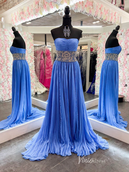 Blue Pleated Prom Dresses Strapless Beaded Waist Evening Gown with Slit FD4033-prom dresses 2025 -Viniodress-Blue-Custom Size-