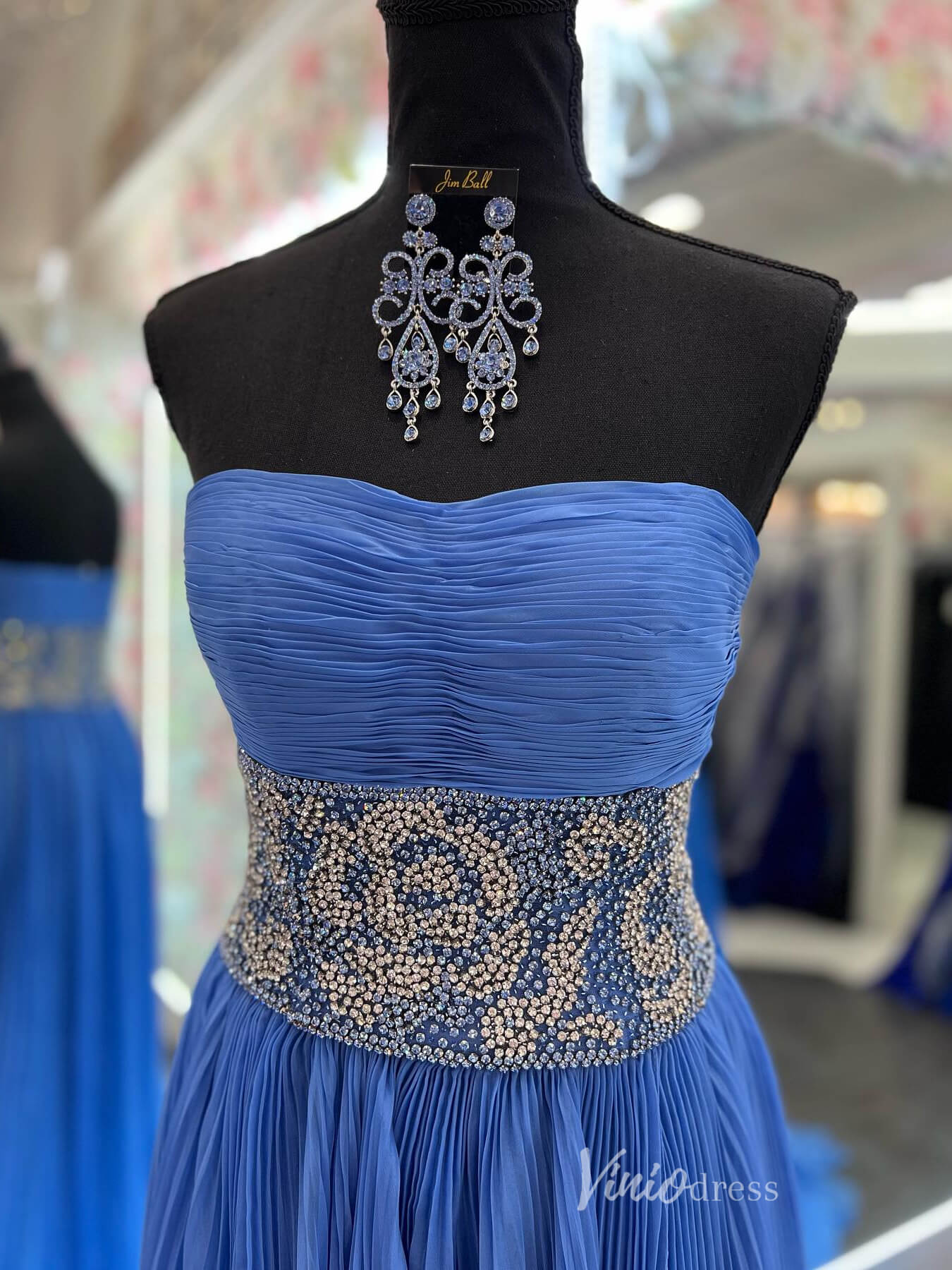 Blue Pleated Prom Dresses Strapless Beaded Waist Evening Gown with Slit FD4033 - Viniodressprom dressesBlueCustom Size - Formal Dresses - Ball Gowns