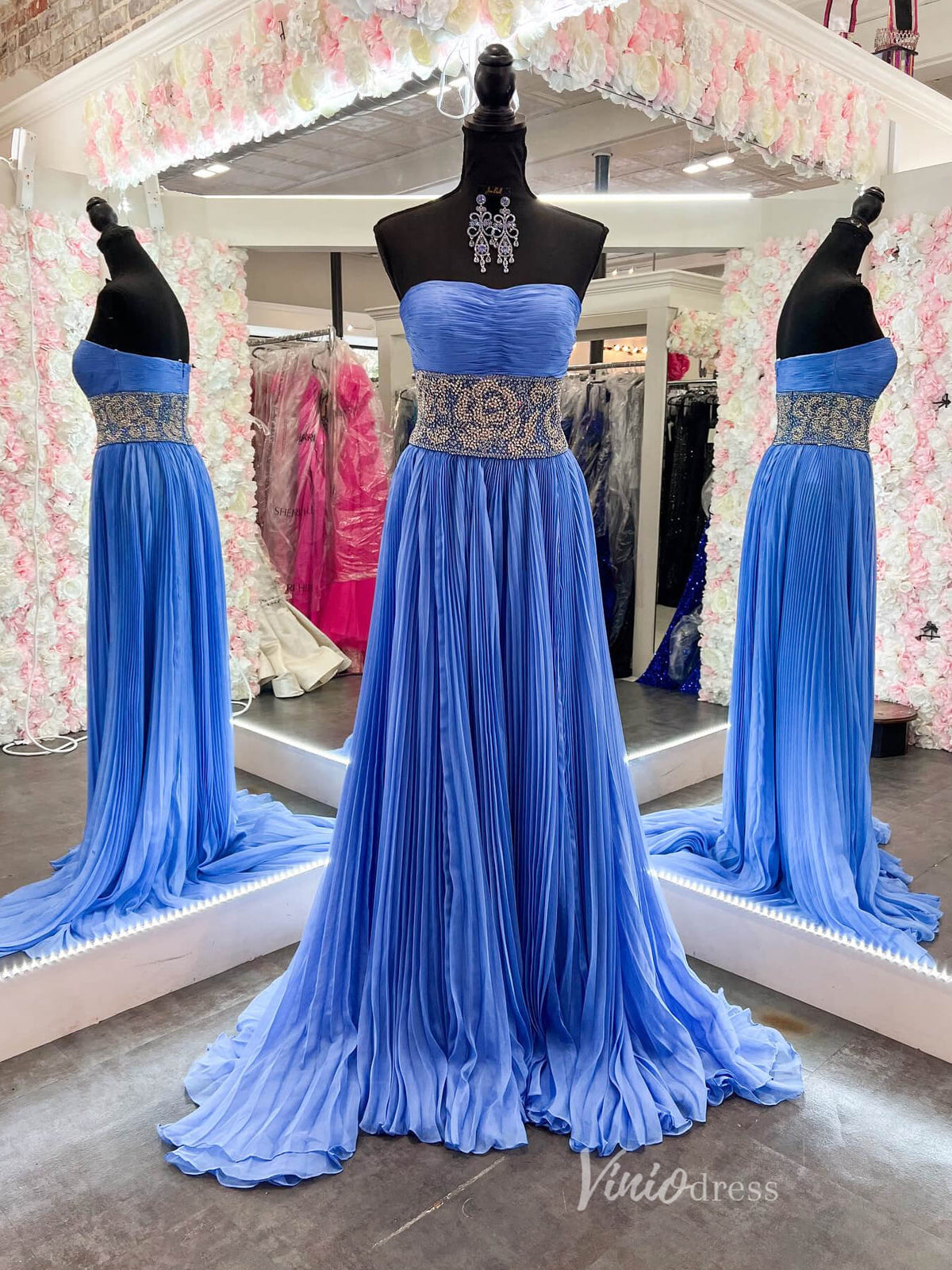 Blue Pleated Prom Dresses Strapless Beaded Waist Evening Gown with Slit FD4033-prom dresses-Viniodress-Blue-Custom Size-Viniodress