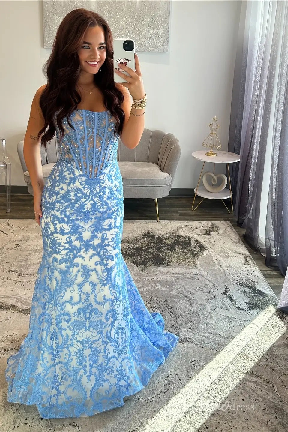 Blue Porcelain Lace Mermaid Prom Dress with Sheer Corset LP009 Viniodress Blue Porcelain Lace Mermaid Prom Dress with Sheer Corset LP009 Viniodress