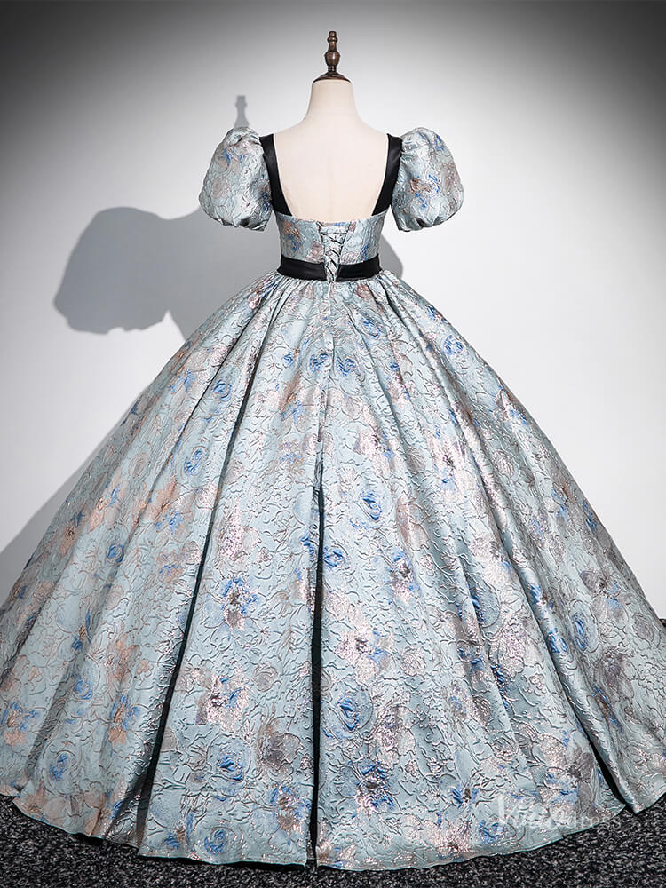 Blue Puffed Sleeve Jacquard Prom Ball Gown Sweetheart Neck Quinceanera Dresses BG054-prom dresses 2025 -Viniodress-Blue-Custom Size-