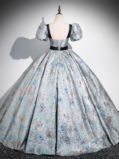 Blue Puffed Sleeve Jacquard Prom Ball Gown Sweetheart Neck Quinceanera Dresses BG054-prom dresses 2025 -Viniodress-Blue-Custom Size-